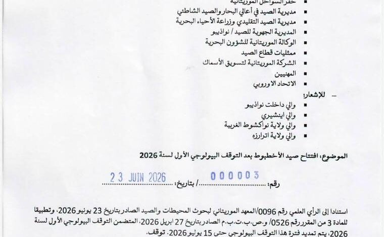 تمديد التوقف البيولوجي للأخطبوط في موريتانيا حتى 15 يوليو 2026